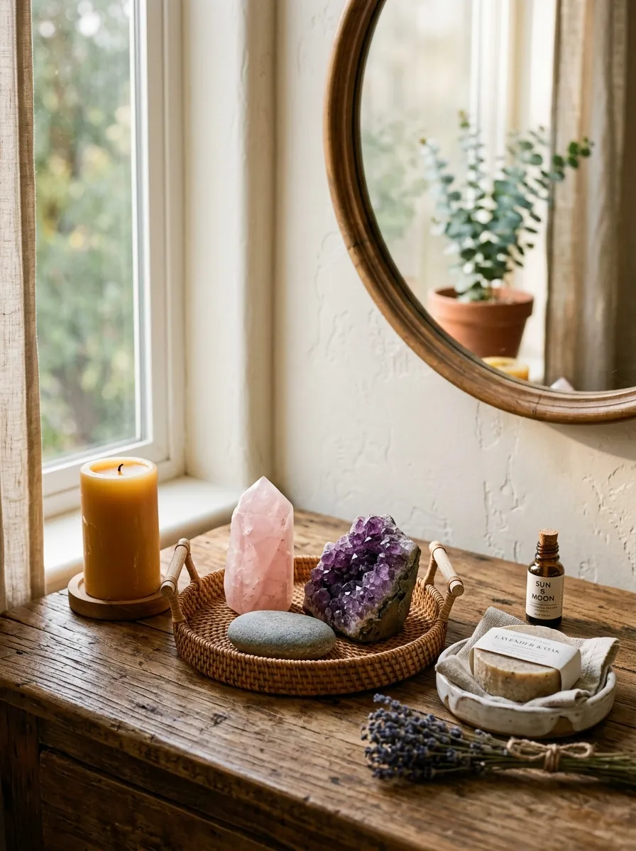 19 Boho Bathroom Ideas That Combine Soft Textures, Natural Details, and Soulful Eclectic Style 18 A Boho bathroom vanity vignette with rose quartz, amethyst geode, river stones, a beeswax candle, and a small rattan tray in warm afternoon sunlight.