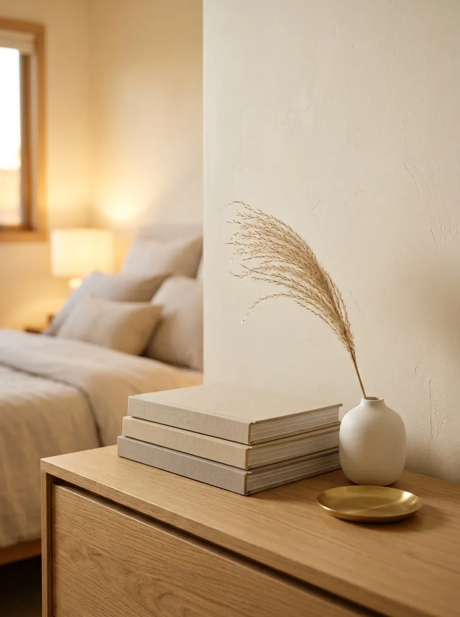 Small stack of books and ceramic vase styled on an oak dresser in a clean minimalist bedroom decor