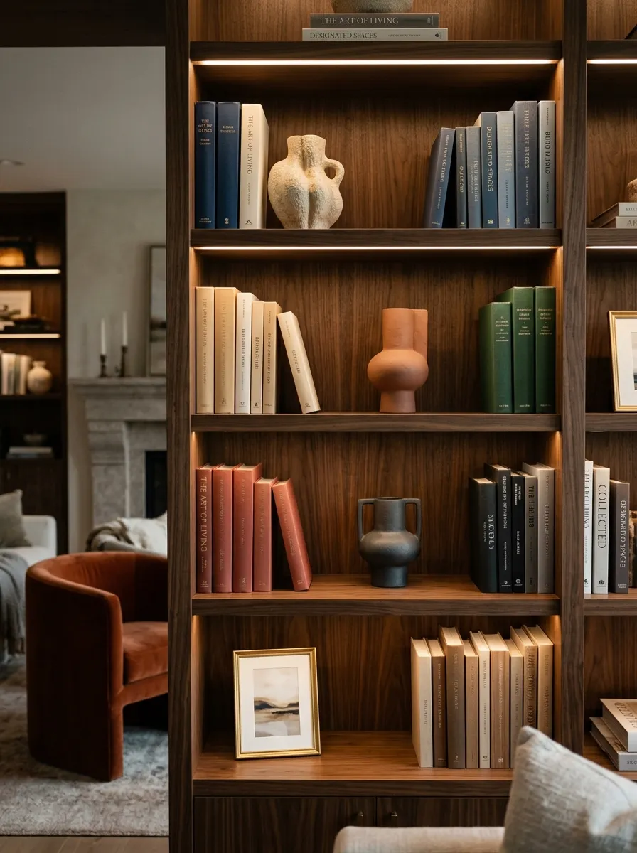 25 Luxury Living Room Ideas That Reveal the Design Details Most People Completely Overlook 14 Books arranged by color with sculptural objects and negative space inside an elegant living room built in bookshelf