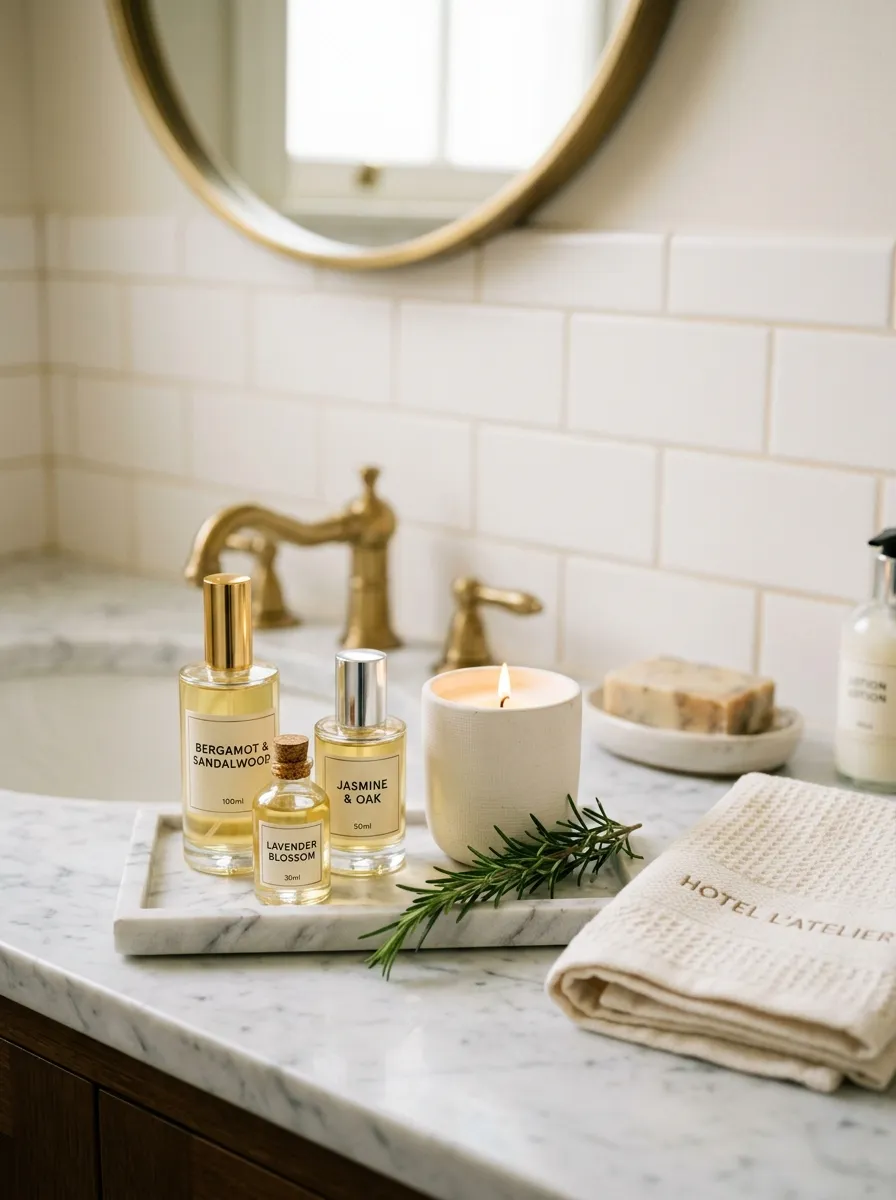 Marble tray with glass fragrance bottles, pillar candle, and fresh rosemary styled on a guest bathroom counter