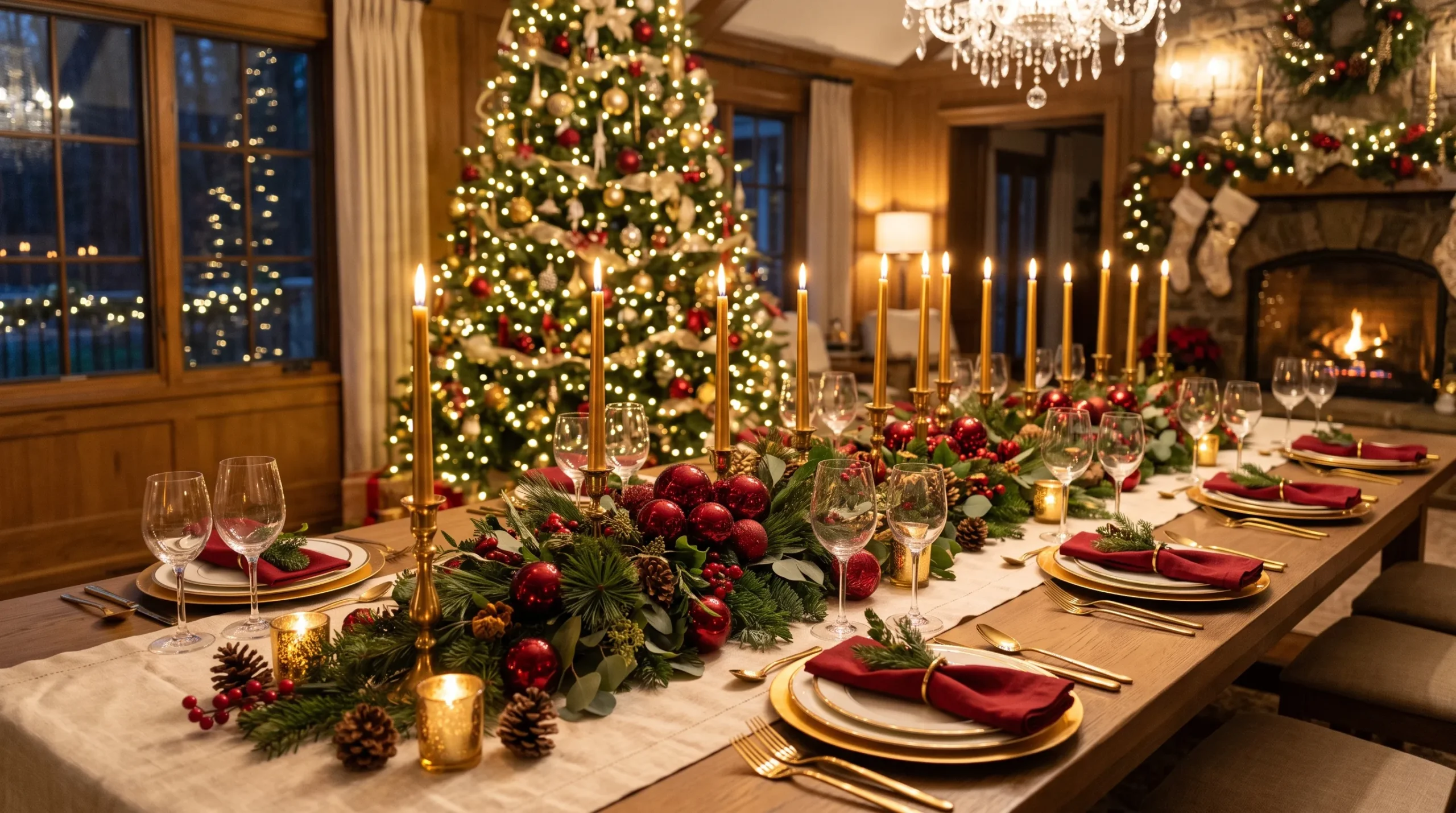 25 DIY Christmas Centerpiece Ideas That Create a Bougie Holiday Table on Any Budget 21 Elegant holiday dining table styled with DIY Christmas Centerpiece Ideas including candles, greenery, and ornaments