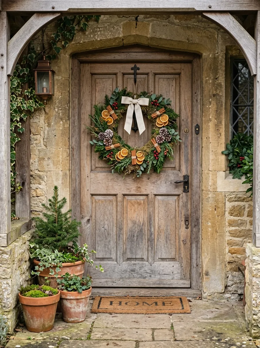 21 Christmas Wreath Ideas That Make Your Front Door the Most Beautiful on the Street 4 A handmade DIY Christmas wreath featuring dried citrus slices, cinnamon sticks, and rosemary on a natural wooden door