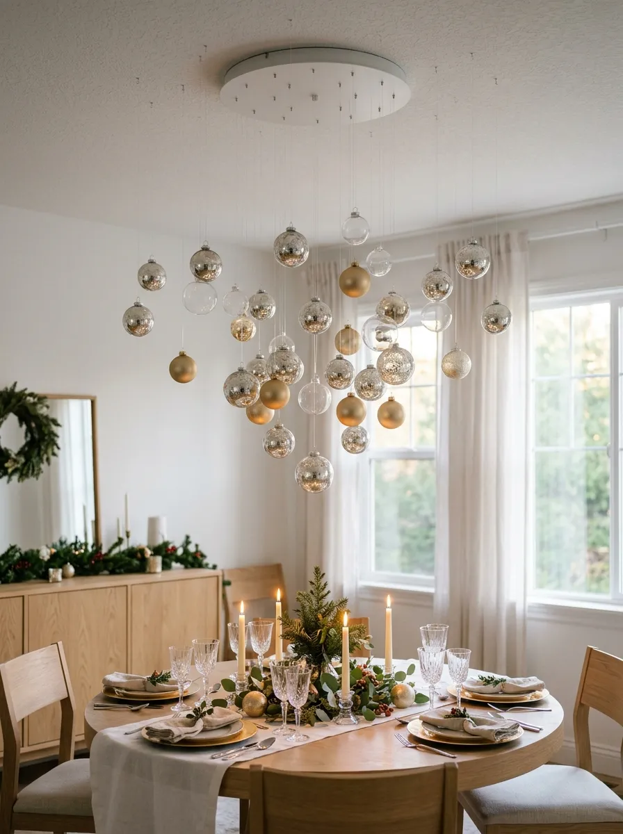 Hanging Christmas ornament chandelier with mercury glass, gold baubles, and clear spheres for modern elegant holiday dining room decor