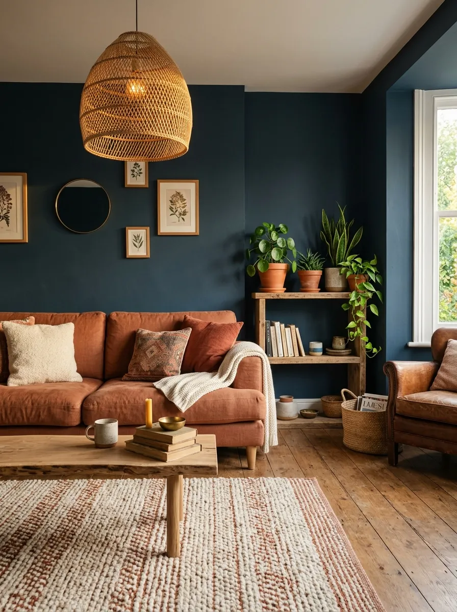 Dark blue painted walls with terracotta linen sofa, cream rug, and clay pot plants in a warm living room