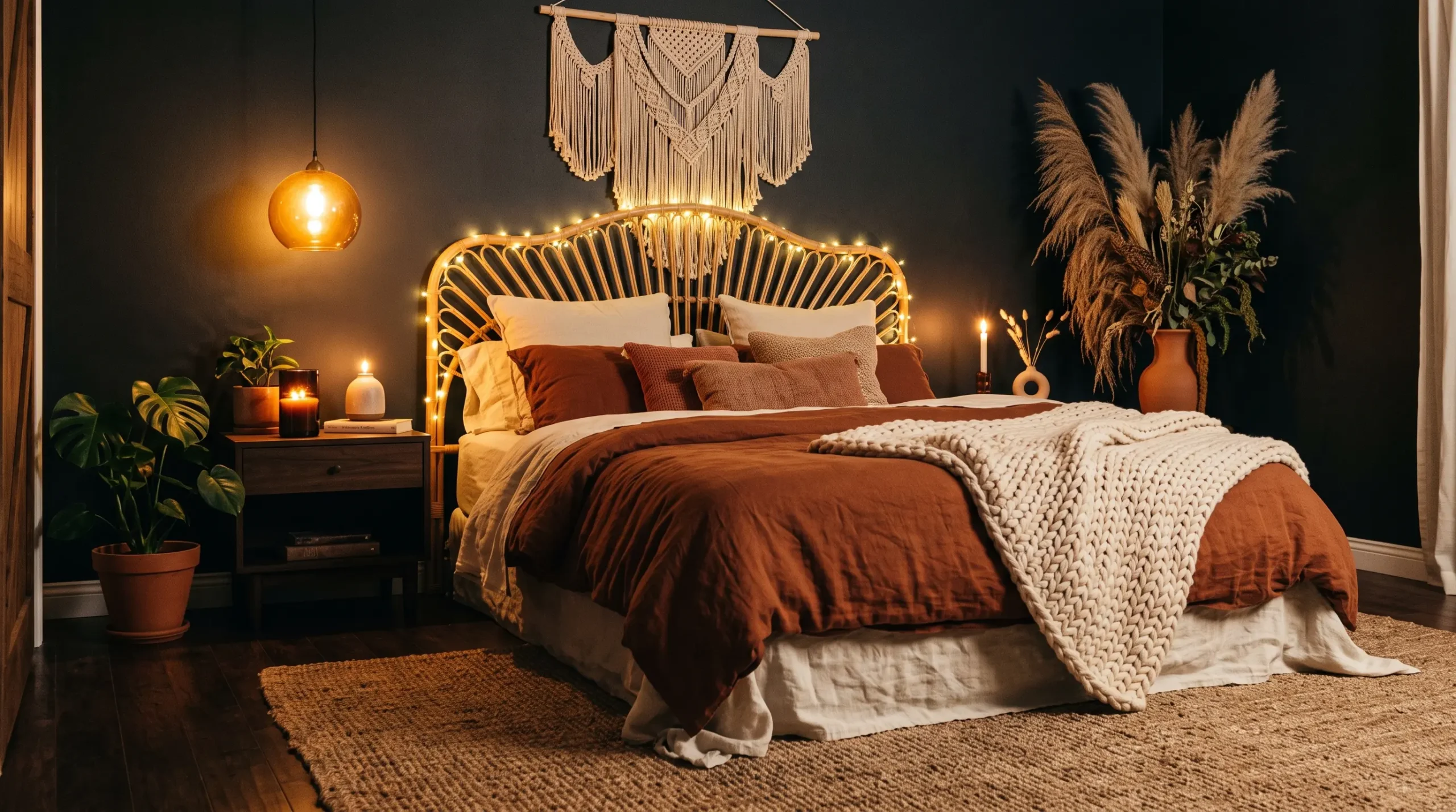 A richly styled dark Boho bedroom with charcoal walls, warm amber lighting, macramé, and layered textures