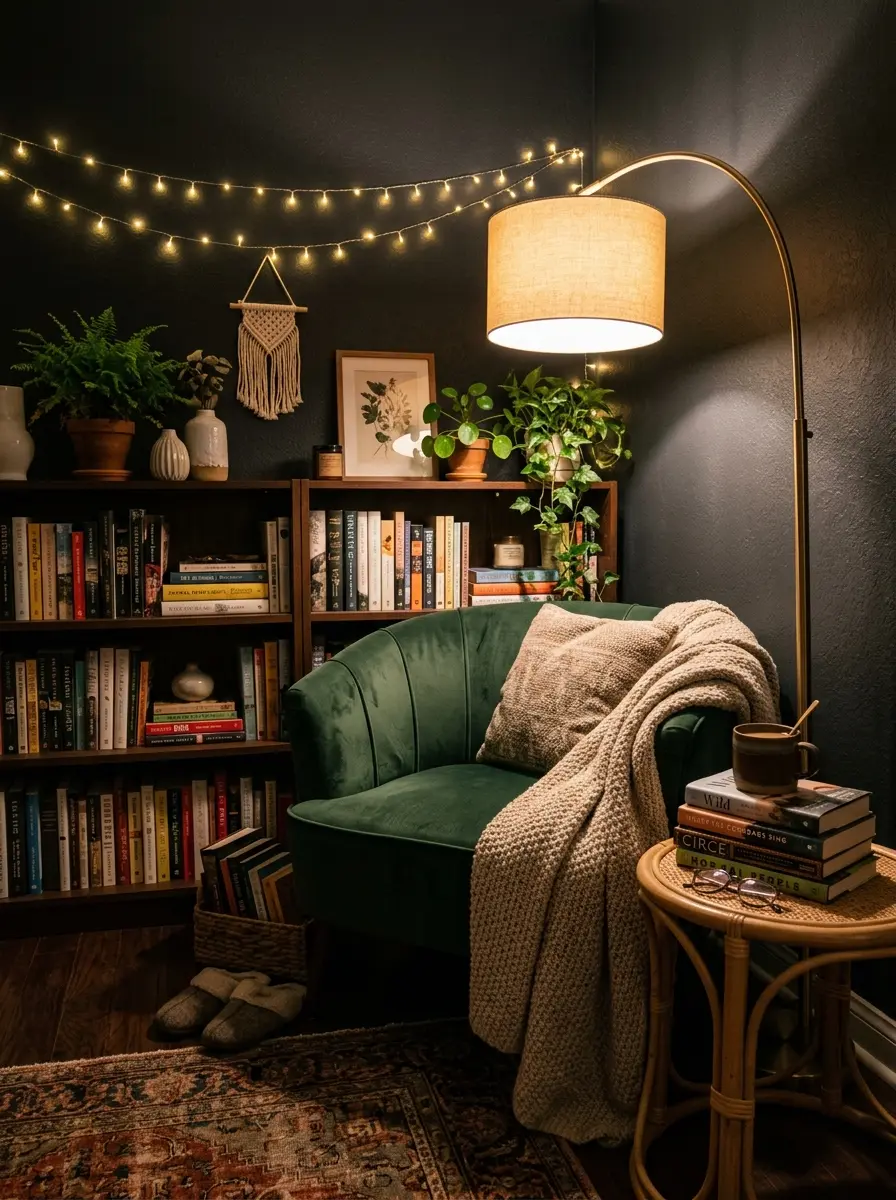 20 Dark Boho Bedroom Ideas That Embrace Moody Colors, Cozy Textures, and Relaxing Nighttime Style 19 A dark Boho bedroom reading nook with charcoal accent wall, forest green velvet chair, arched floor lamp, and stacked books