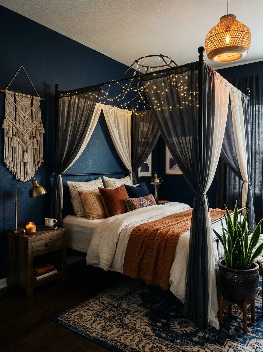 20 Dark Boho Bedroom Ideas That Embrace Moody Colors, Cozy Textures, and Relaxing Nighttime Style 9 A dark Boho bedroom with a black canopy bed, sheer charcoal drapes, navy walls, string lights, and layered cream bedding