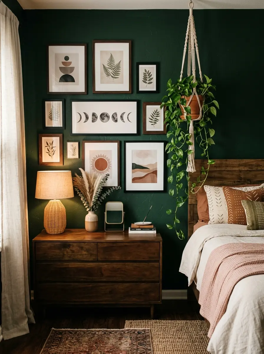 20 Dark Boho Bedroom Ideas That Embrace Moody Colors, Cozy Textures, and Relaxing Nighttime Style 15 A dark Boho bedroom with forest green walls and an eclectic gallery of dark framed botanical and moon phase art prints
