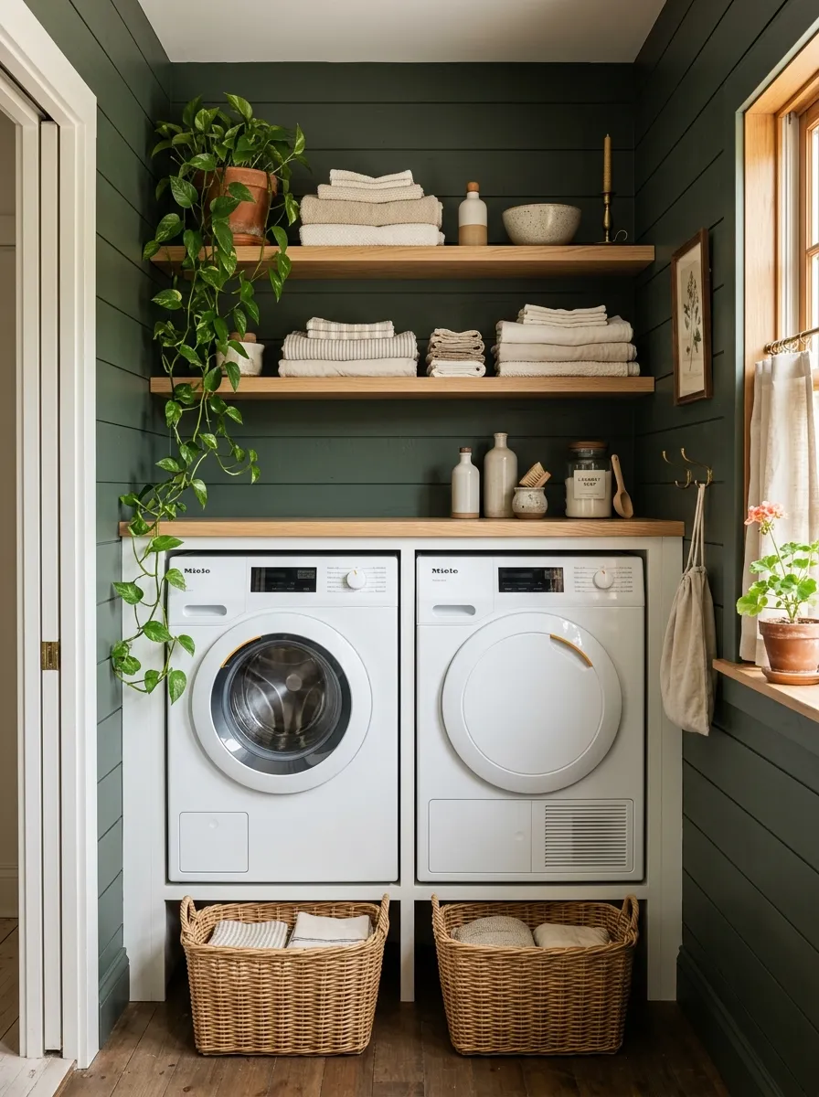 18 Green Laundry Room Ideas That Prove This Color Is More Than Just a Passing Design Trend 13 Dark green shiplap laundry room walls with natural oak floating shelves, folded cream linens, woven baskets, and trailing pothos plant