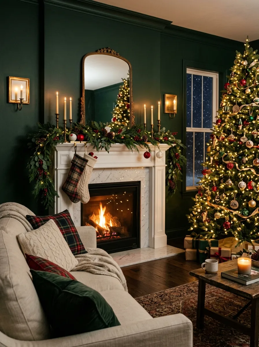 Deep green painted walls with white fireplace and plaid accents for luxury Christmas decorating ideas in a dramatic living room