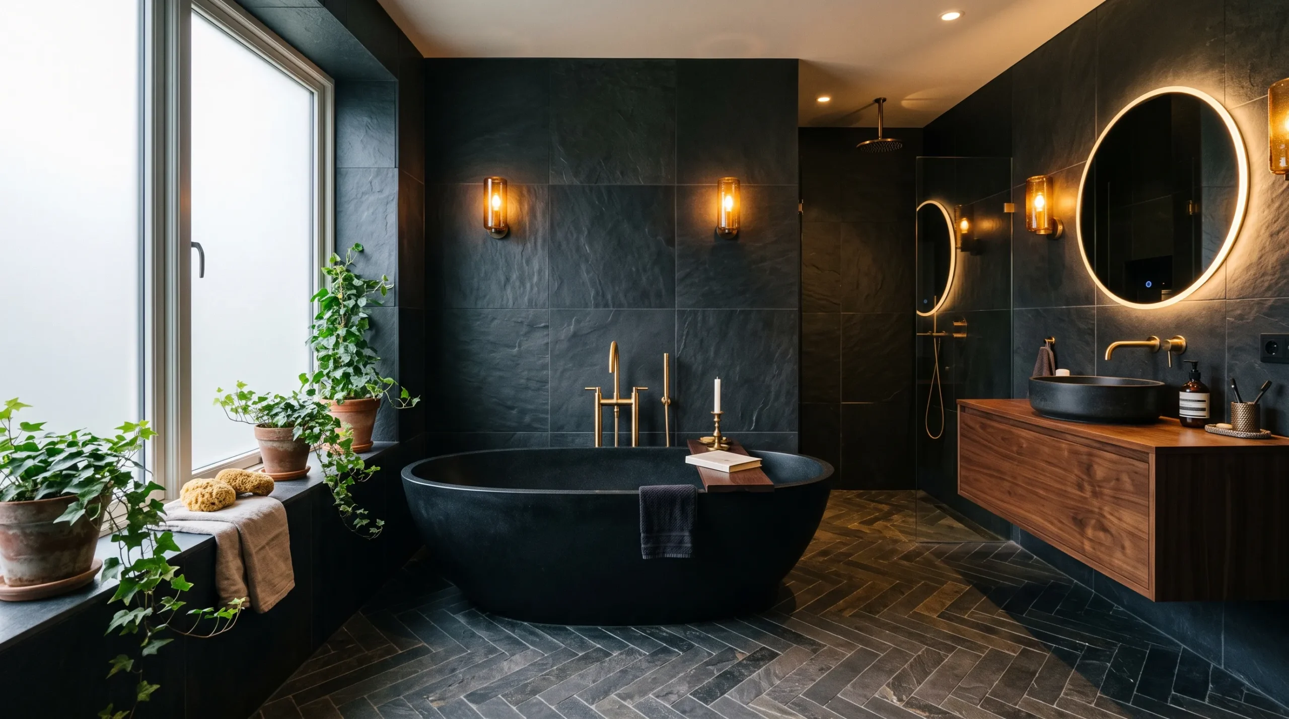 A stunning dark moody bathroom with charcoal tiles, brass fixtures, and warm ambient lighting creating a cozy dramatic space.