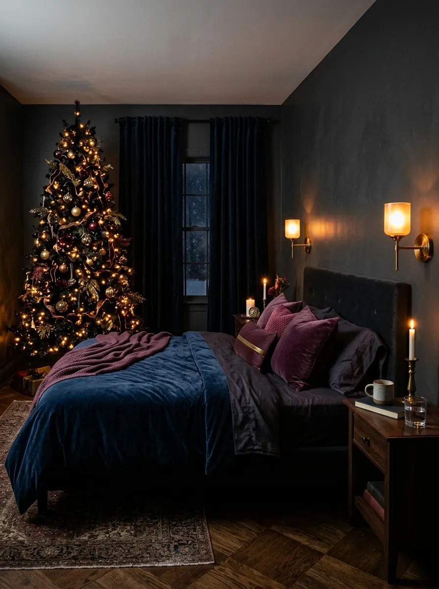 21 Christmas Bedroom Ideas That Make Your Space Feel Magical, Cozy, and Full of Holiday Charm 18 A dramatic dark bedroom with charcoal walls, navy velvet bedding, and an amber lit Christmas tree for a moody festive bedroom design.