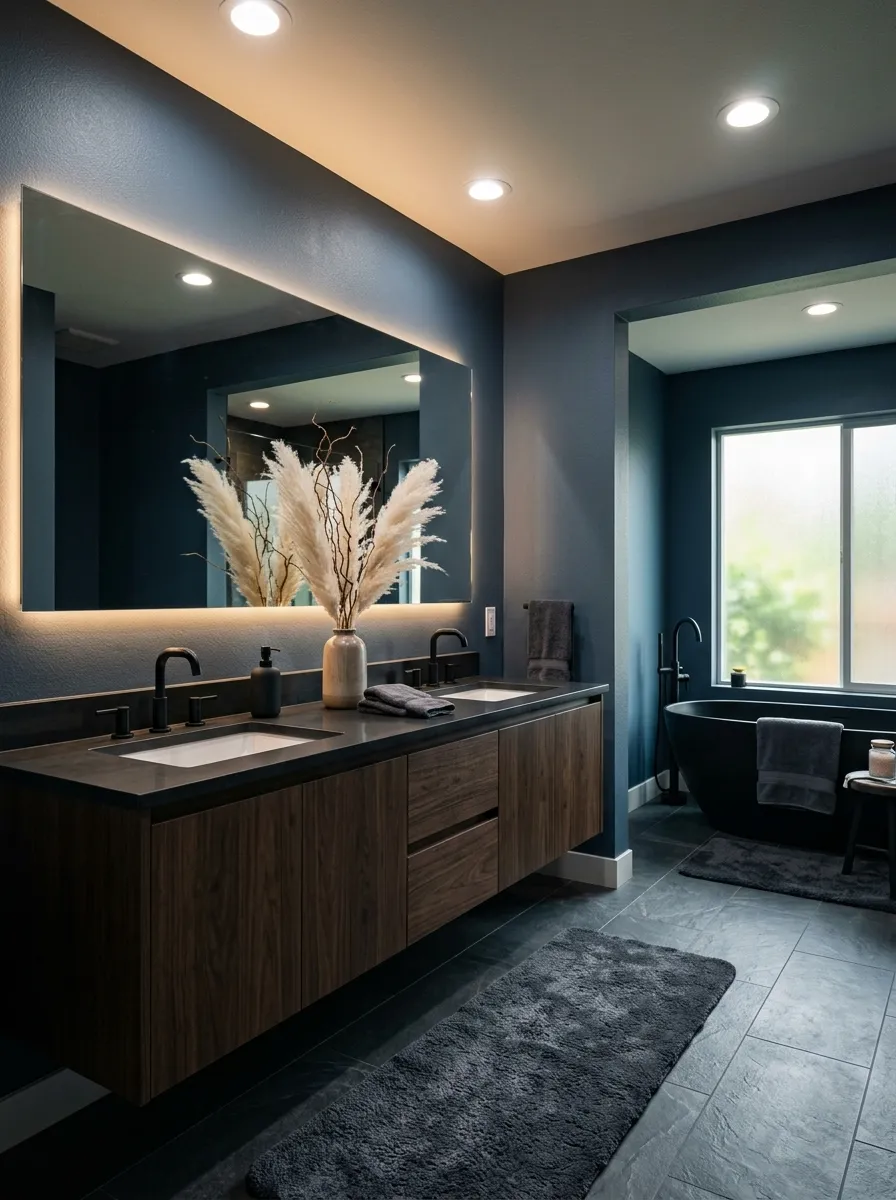 22 Dark Moody Bathroom Ideas for a Bold, Dramatic, and Surprisingly Cozy Modern Space 20 Deep slate blue master bathroom with double walnut vanity and matte black soaking tub in a spacious dark moody bathroom retreat.