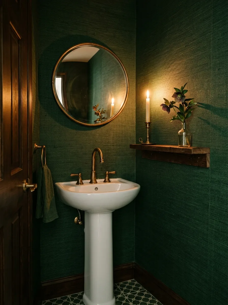 22 Dark Moody Bathroom Ideas for a Bold, Dramatic, and Surprisingly Cozy Modern Space 19 Forest green grasscloth wallpaper powder room with brass fixtures and convex mirror in a jewel box dark moody bathroom style.
