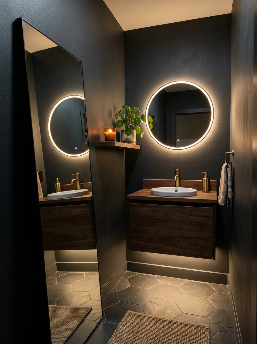 22 Dark Moody Bathroom Ideas for a Bold, Dramatic, and Surprisingly Cozy Modern Space 14 Small dark charcoal bathroom with floor length mirror and LED strip lighting making the space feel larger and moody.