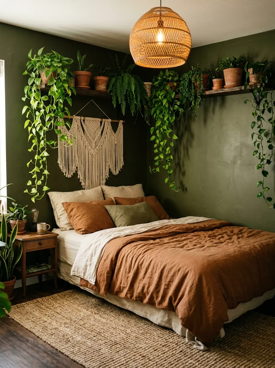 20 Dark Boho Bedroom Ideas That Embrace Moody Colors, Cozy Textures, and Relaxing Nighttime Style 4 A moody Boho bedroom with dark olive walls, cascading plants on shelves, macramé, rattan pendant light, and earthy bedding