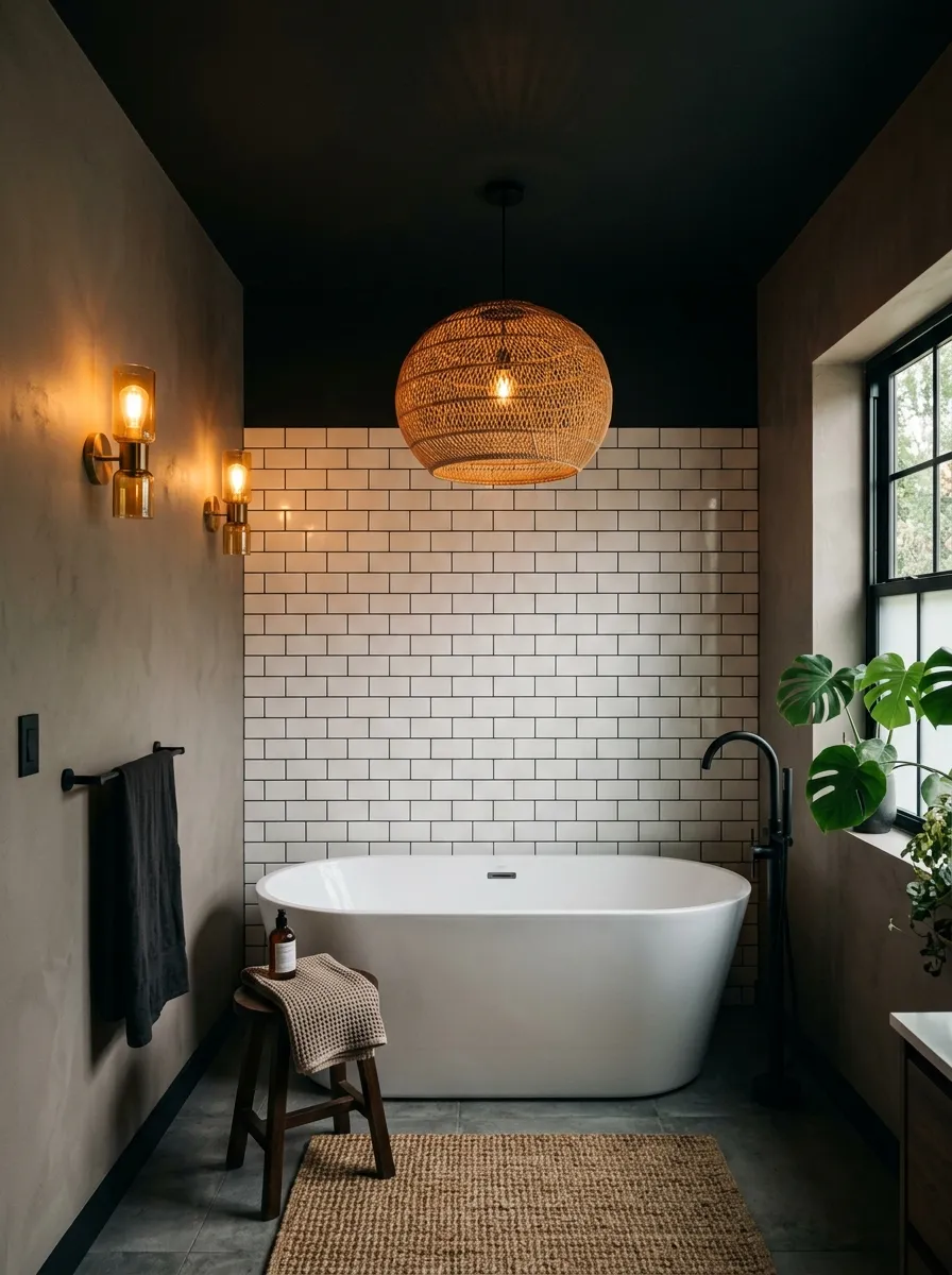 22 Dark Moody Bathroom Ideas for a Bold, Dramatic, and Surprisingly Cozy Modern Space 17 Matte black painted ceiling with rattan pendant light above a white oval tub in a moody bathroom with dramatic canopy effect.