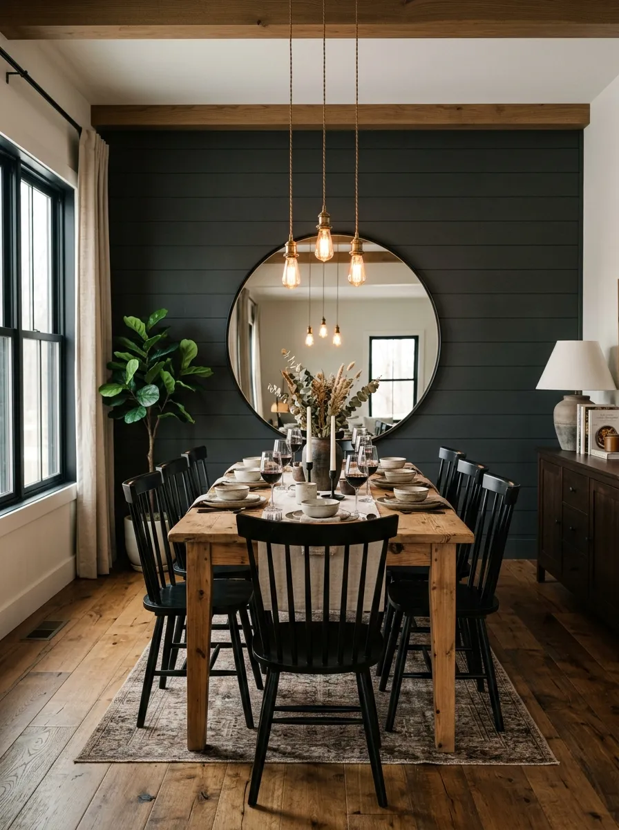 Modern farmhouse dining room with charcoal shiplap accent wall, natural pine table, black spindle chairs, and round leaning mirror