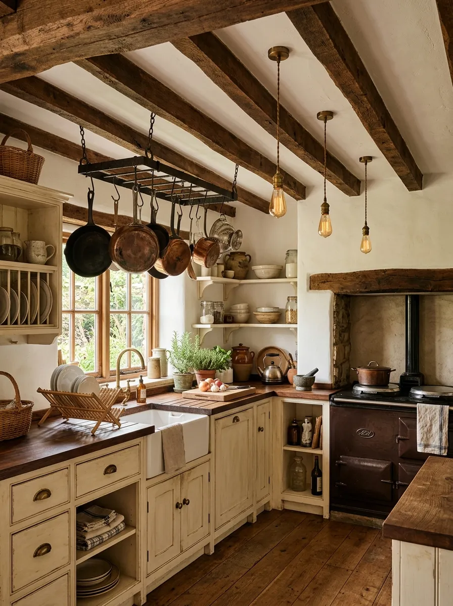 Dark stained exposed wood ceiling beams with pot rack and pendant lights in a cottage style kitchen interior