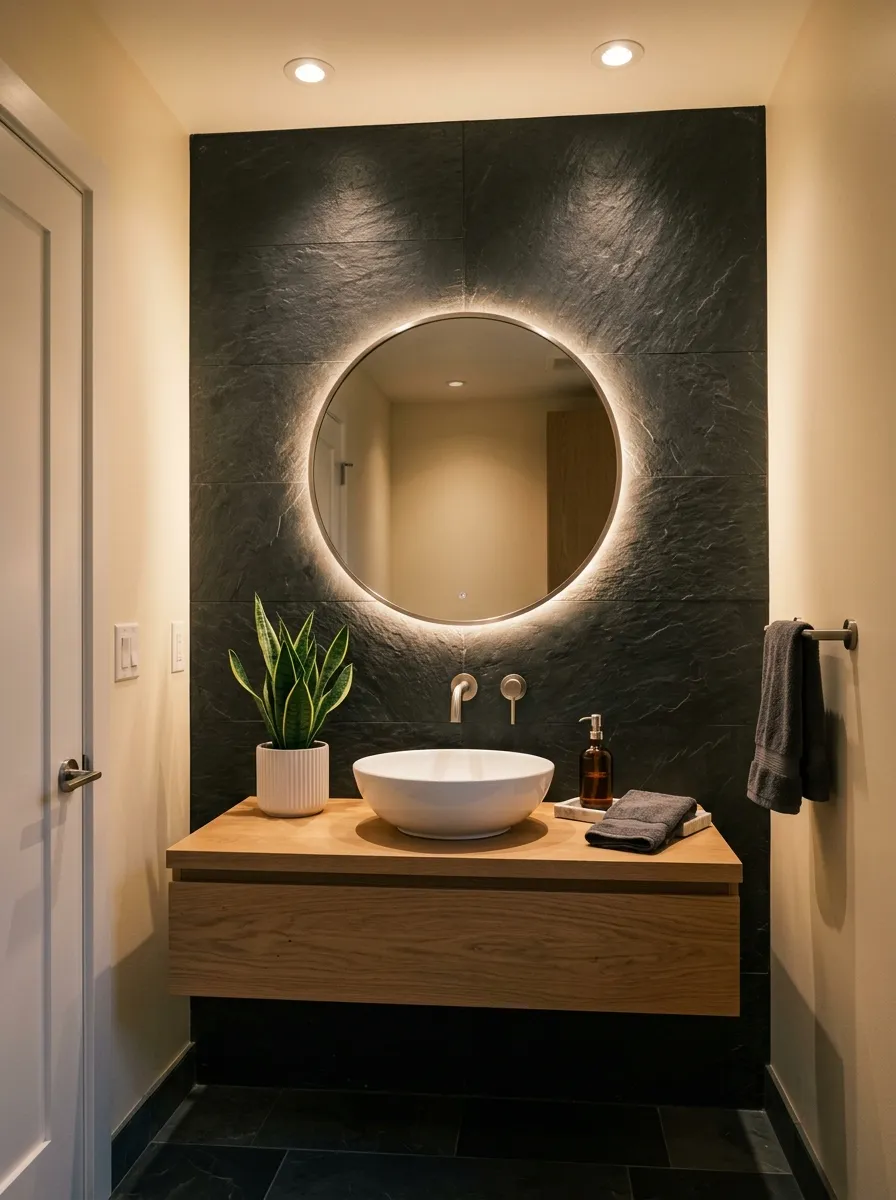Deep charcoal slate tile accent wall behind a white vessel sink in a contemporary styled guest bathroom