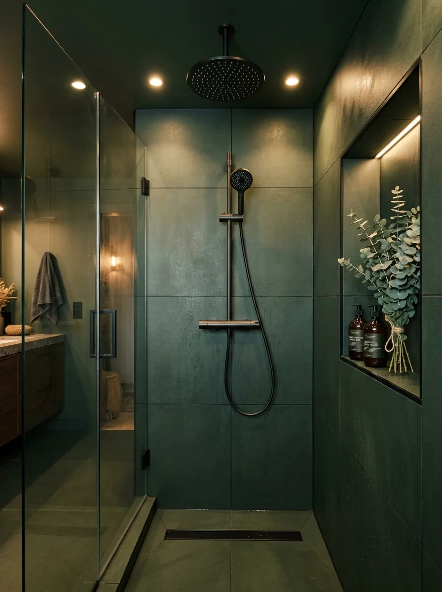 22 Dark Moody Bathroom Ideas for a Bold, Dramatic, and Surprisingly Cozy Modern Space 15 Walk in shower with dark forest green large format tiles and rain shower head creating a moody spa like bathroom experience.