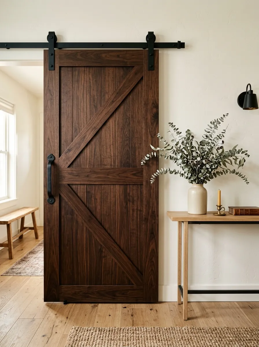 21 Modern Farmhouse Living Room Ideas That Perfectly Balance Texture, Warmth, and Modern Style 6 A modern farmhouse living room wall with a large sliding dark walnut barn door, matte black hardware, and a natural wood console table beside it.