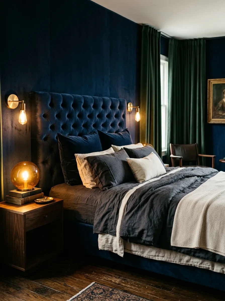 Dark boutique bedroom with navy velvet walls, brass sconces, and layered charcoal bedding for a dramatic luxury designer look