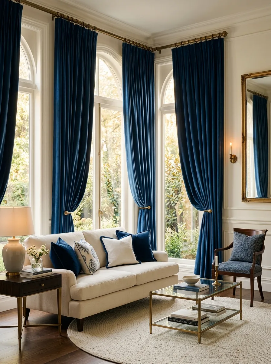 Deep blue velvet floor to ceiling curtains with brass rods framing tall arched windows in a cream living room