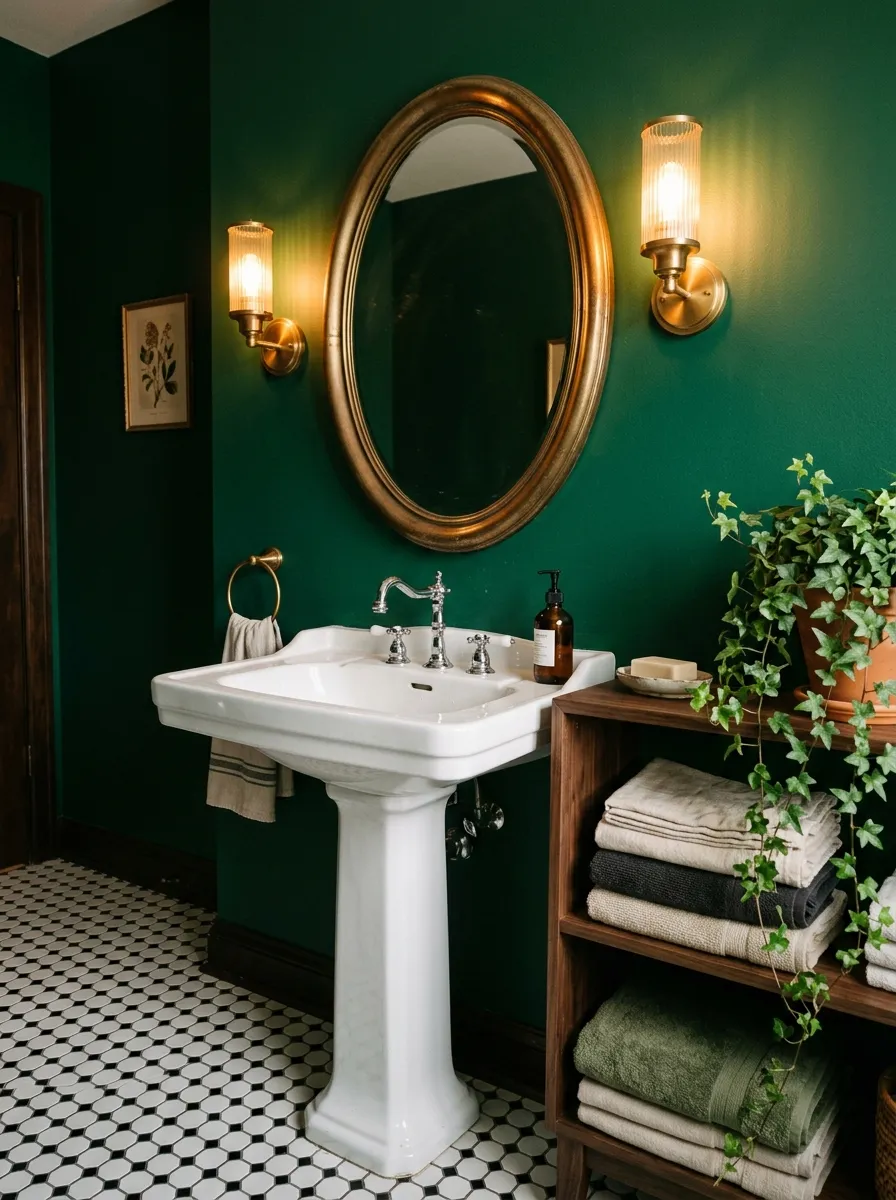 22 Dark Moody Bathroom Ideas for a Bold, Dramatic, and Surprisingly Cozy Modern Space 4 Emerald green bathroom walls with brass mirror and ivy shelving creating a lush moody bathroom ideas aesthetic.