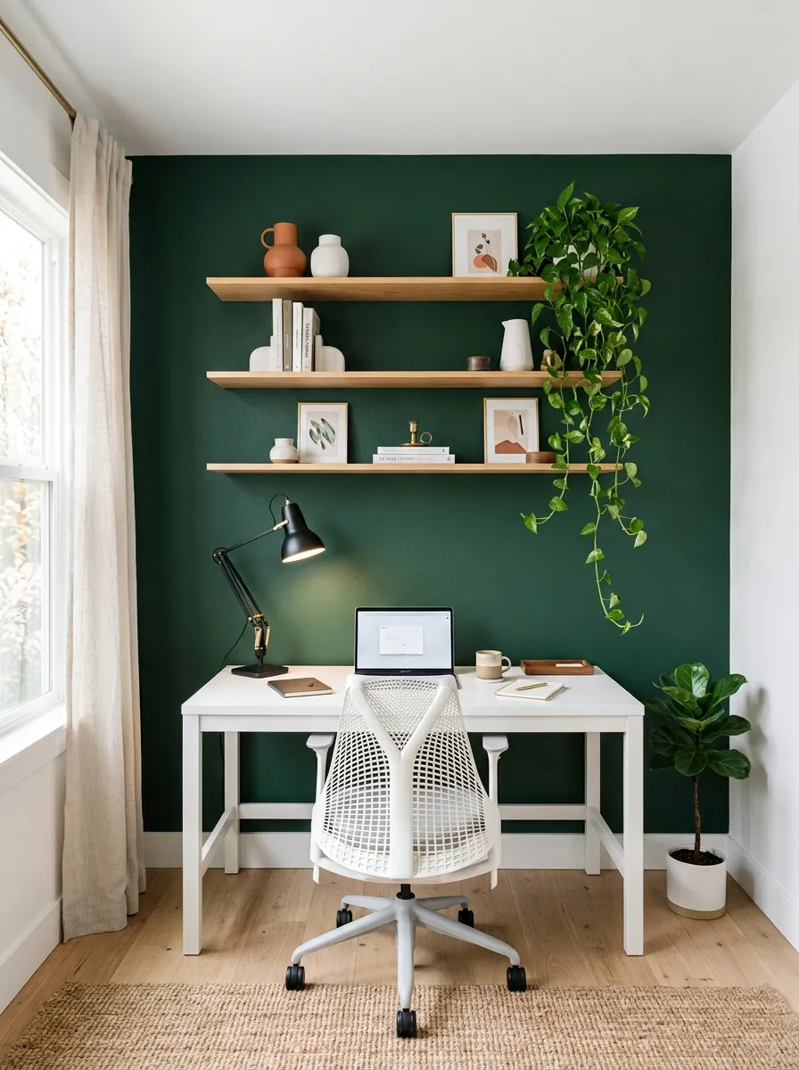 Home office design with deep forest green accent wall, white desk, floating oak shelves, trailing plant, brass hardware, and white ergonomic chair