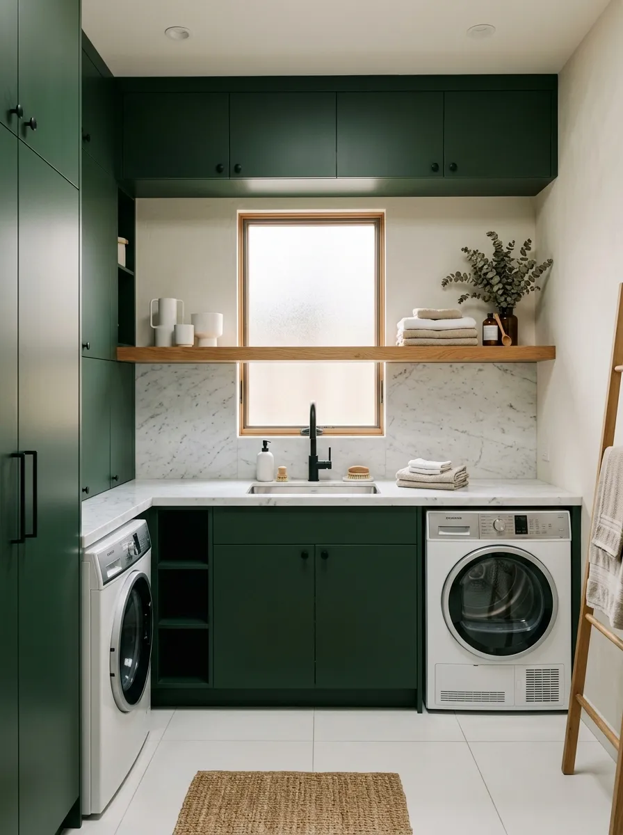 18 Green Laundry Room Ideas That Prove This Color Is More Than Just a Passing Design Trend 2 Dark forest green laundry room cabinets with white marble countertops, matte black hardware, and wood shelving in a bright, architectural space