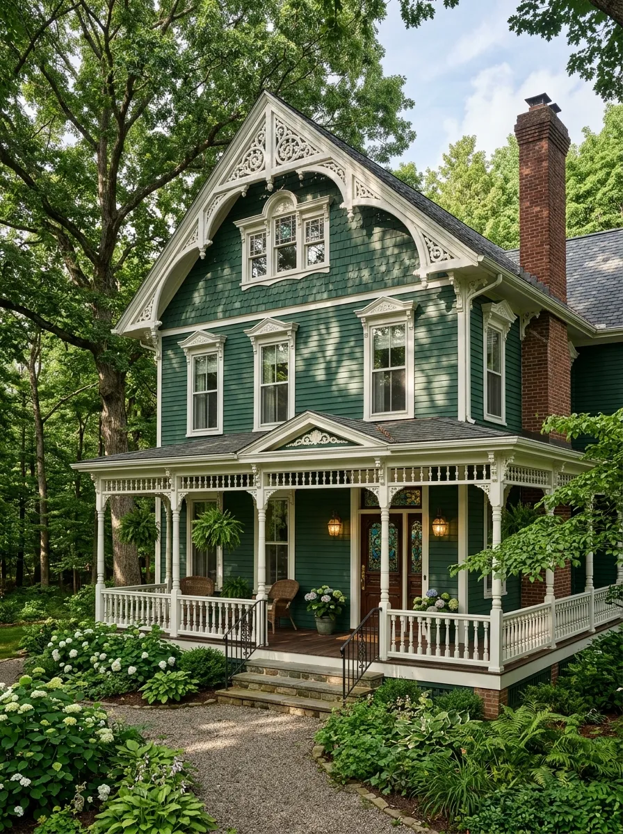 Victorian home in deep forest green with ornate white trim, a lush and historic look among the top Exterior House Color Trends for 2026