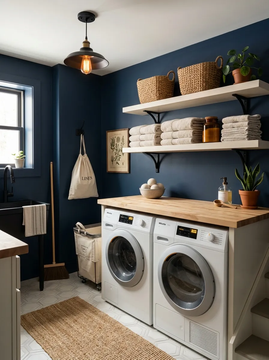 16 Basement Laundry Room Ideas That Use Smart Design Principles to Make Every Inch Work Better 10 Moody basement laundry room with deep navy walls, warm open wood shelving, pale butcher block counter, and Edison pendant lighting
