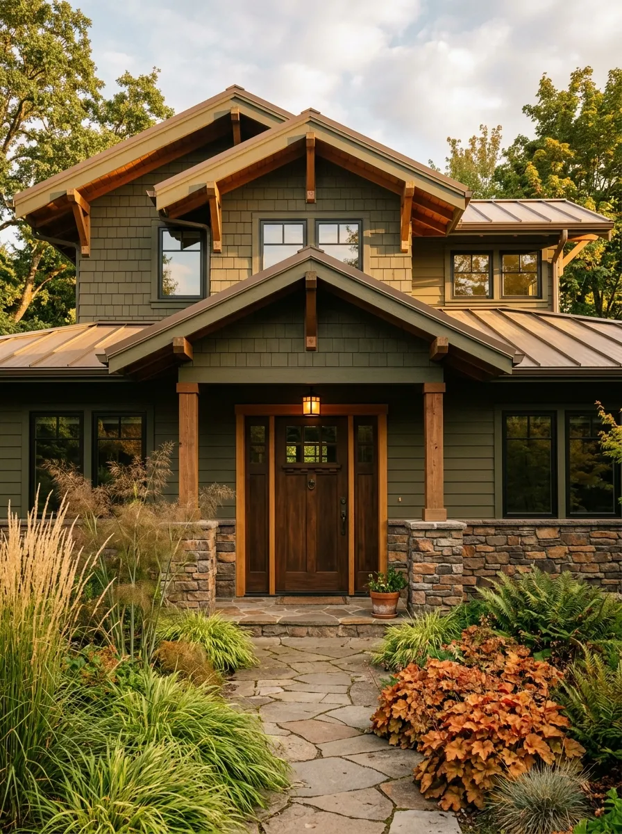 Deep olive green craftsman home with bronze roof and cedar details, one of the most richly grounded house exterior color ideas for 2026