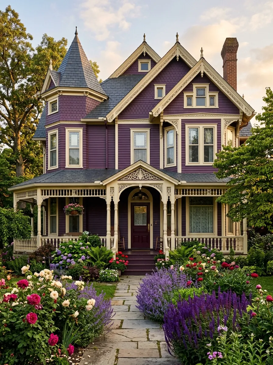 Deep plum Victorian Queen Anne home with ornate cream trim and burgundy door, one of the most dramatic house exterior color ideas for 2026