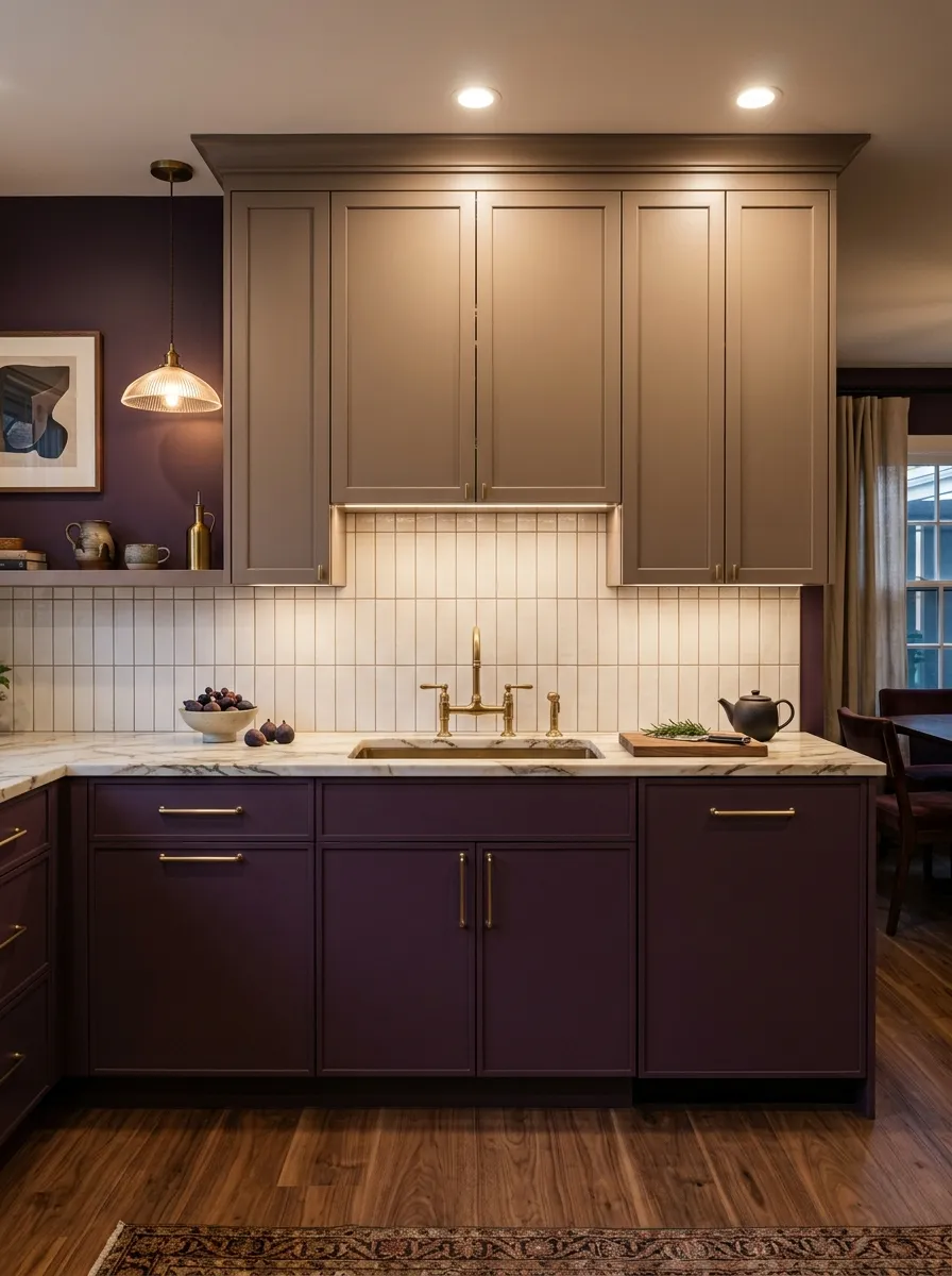 Deep plum lower cabinets and warm taupe upper cabinets with matte gold hardware in a jewel toned two toned kitchen cabinet design