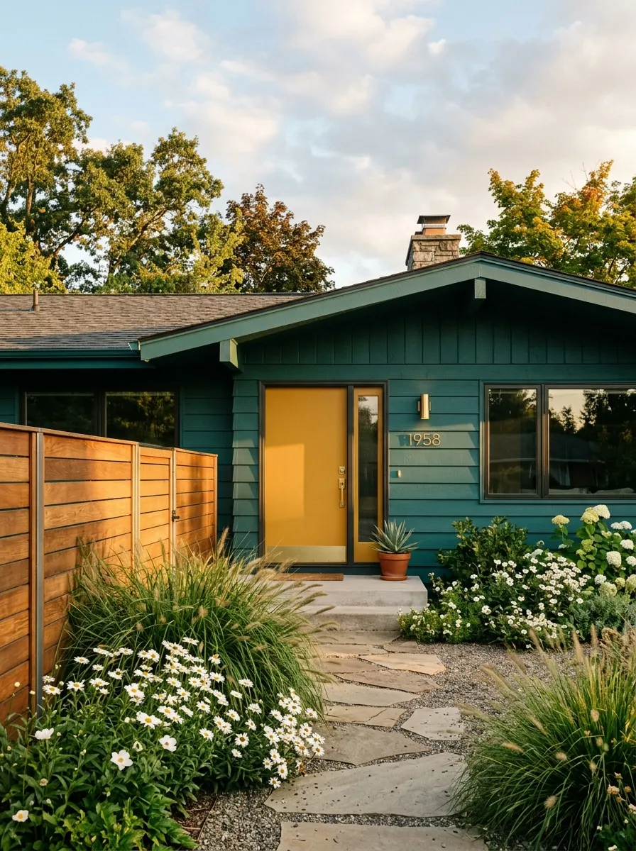 Deep teal mid century ranch home with mustard yellow door and cedar fence, one of the most energetic home exterior paint colors for 2026