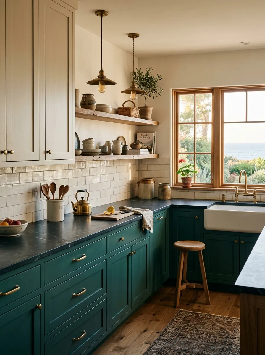 Deep teal lower cabinets with natural linen upper cabinets and unlacquered brass hardware in a coastal two color kitchen cabinet design