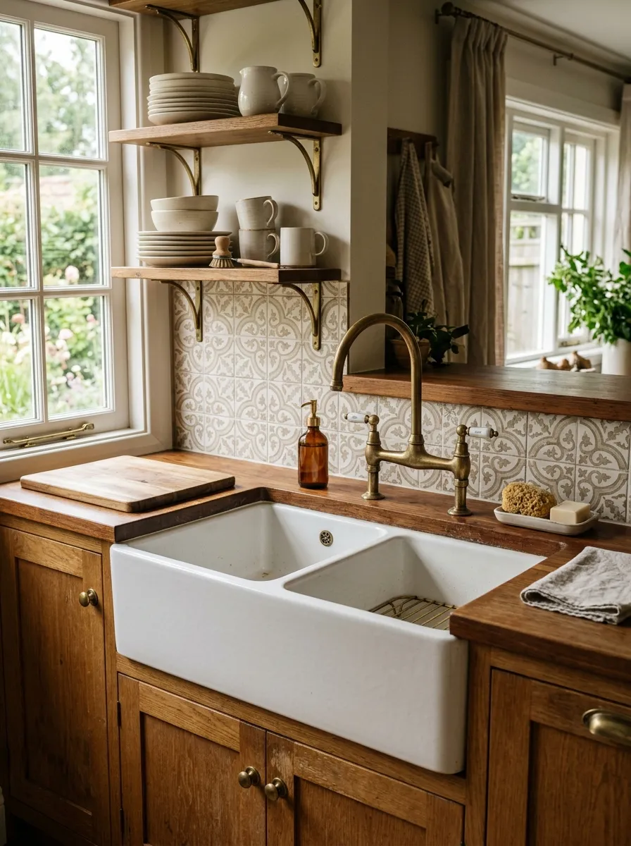White double basin apron front sink with aged brass cross handle bridge faucet in a heritage farmhouse kitchen