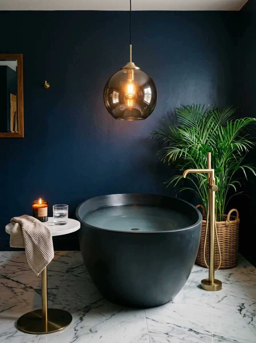22 Dark Moody Bathroom Ideas for a Bold, Dramatic, and Surprisingly Cozy Modern Space 12 Smoked glass globe pendant light above dark soaking tub with navy walls in a romantic dramatic bathroom aesthetic.