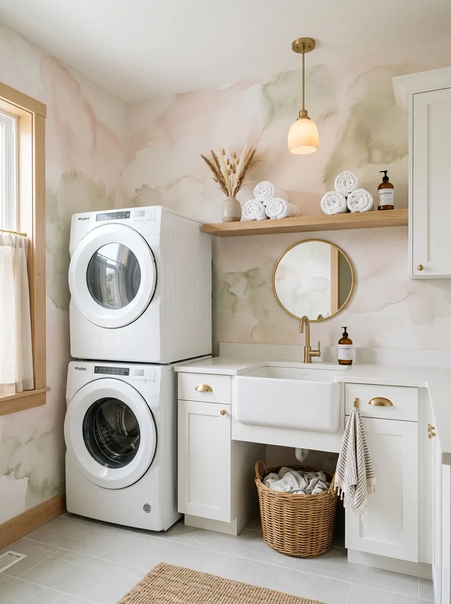 Soft laundry room with blush and sage watercolor wash wallpaper for laundry rooms, white shaker cabinetry, brushed gold hardware, and dried pampas shelf