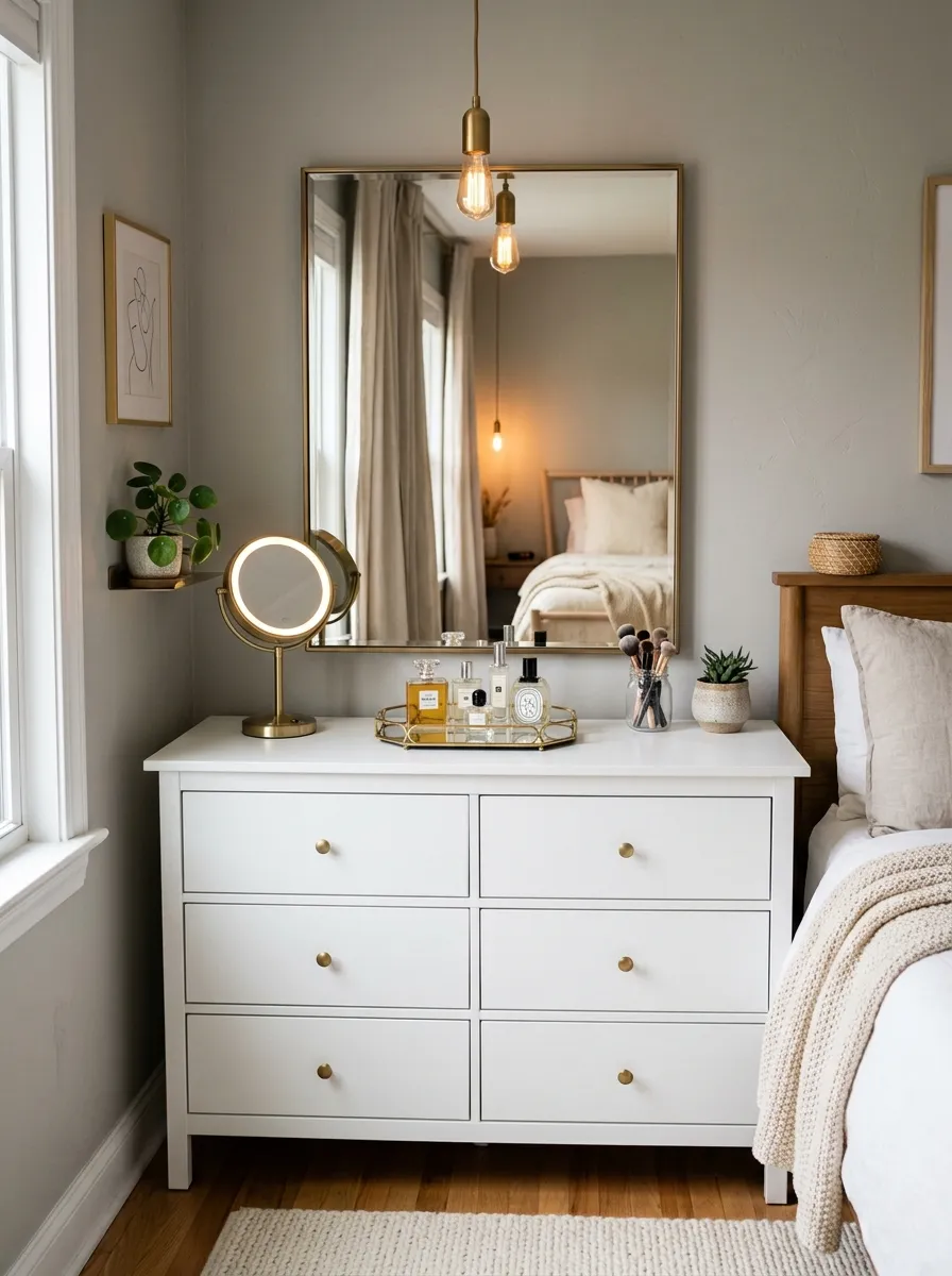 19 Small Bedroom Vanity Ideas to Create an Instagram Worthy Beauty Space With Style 13 Dresser top styled as a small bedroom vanity with mounted mirror and gold tray organization on top