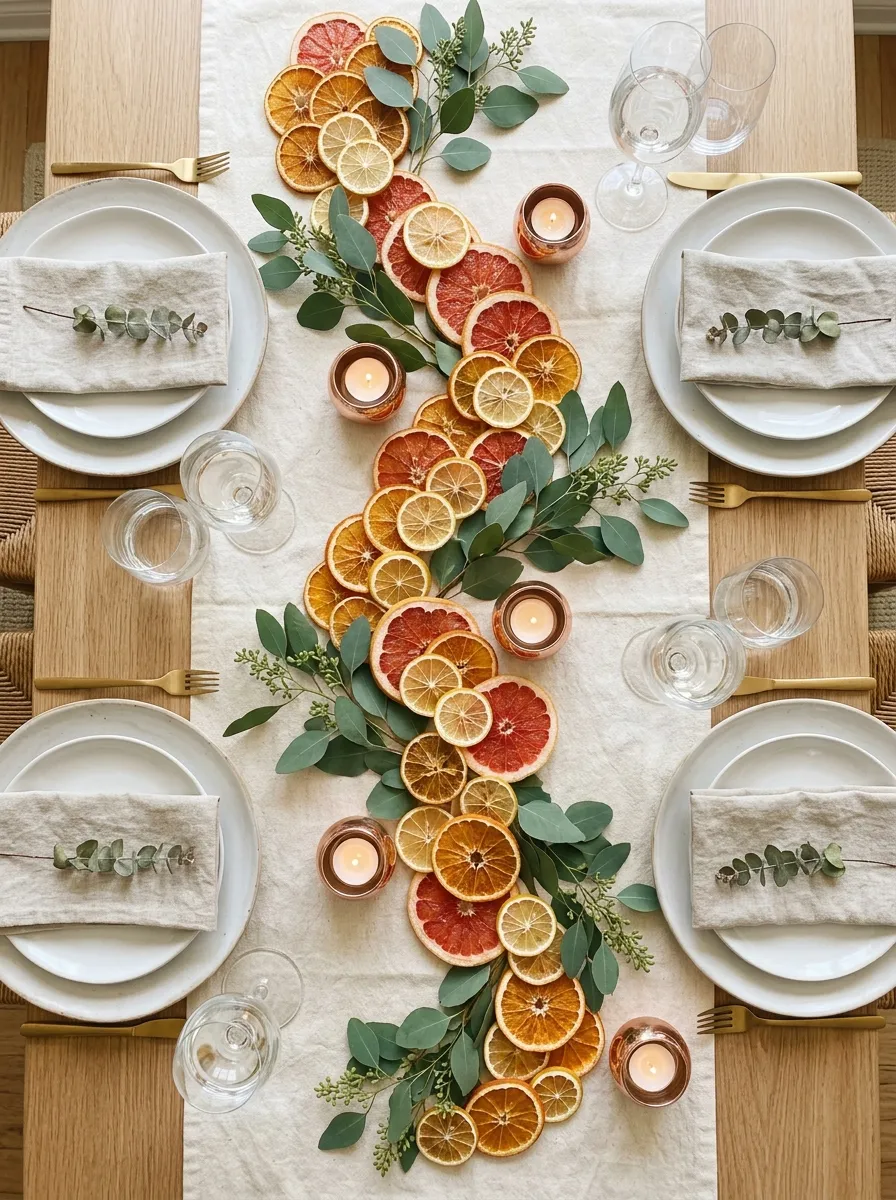 Dried orange lemon and grapefruit slices arranged as a colorful citrus table runner with eucalyptus accents