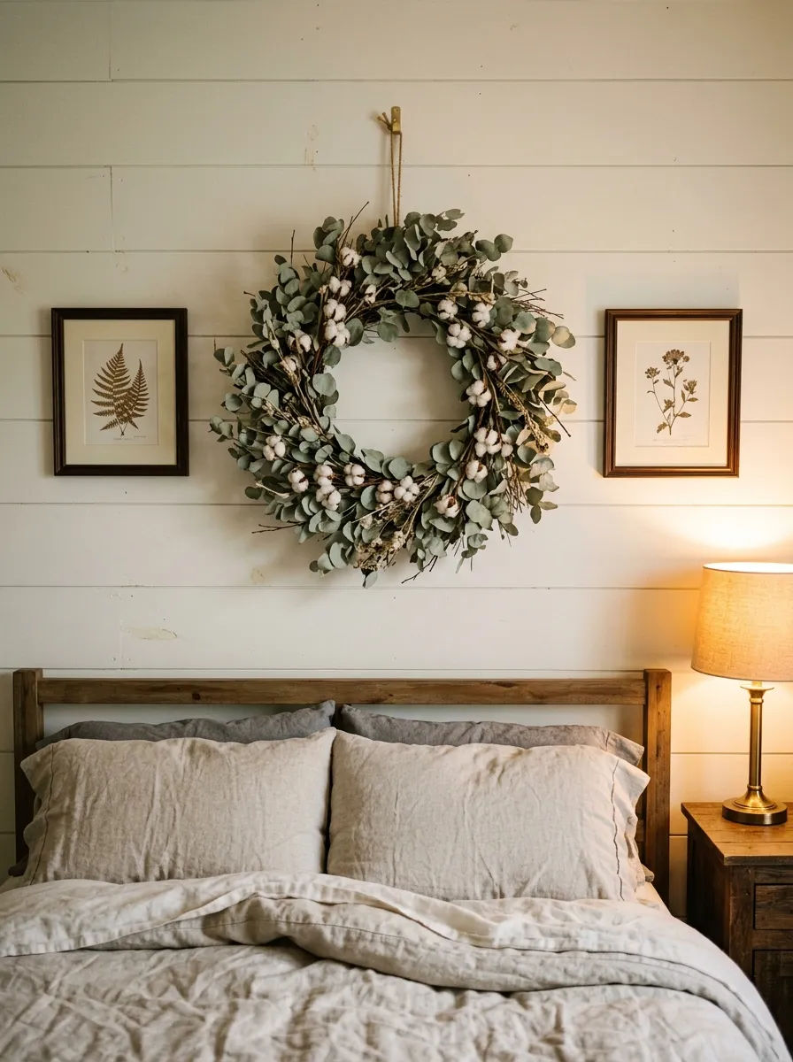 Large dried eucalyptus wreath hung above a linen farmhouse bedroom bed with flanking botanical prints on a white shiplap wall