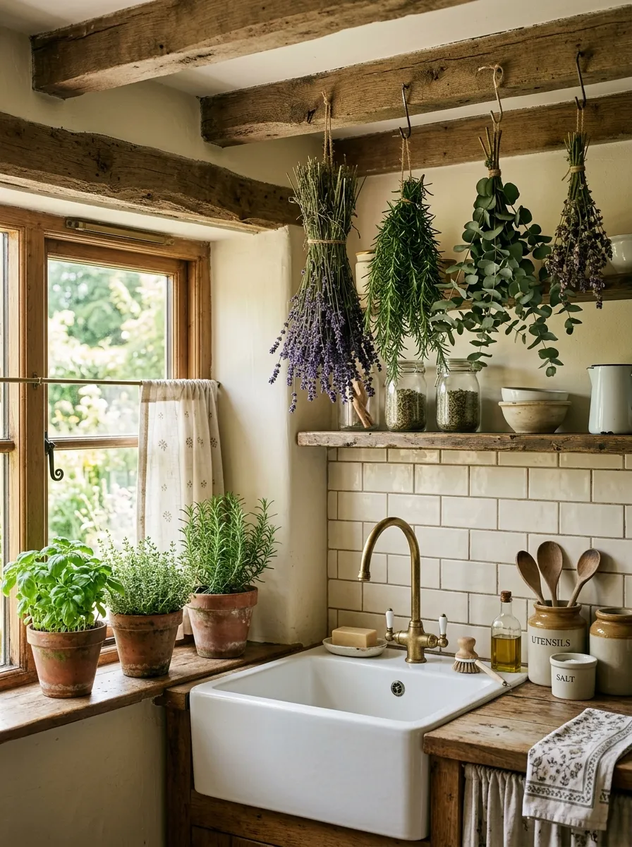 21 Earthy Cottage Decorating Ideas That Transform Your Home Into a Calm and Cozy Retreat 8 Dried lavender and herb bundles hanging from a wooden beam above a farmhouse sink in a cozy cottage kitchen
