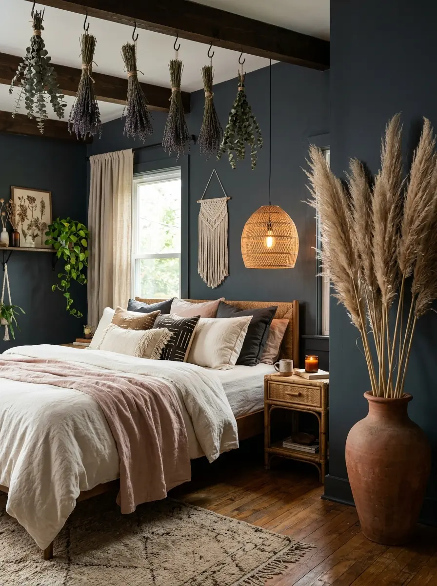 20 Dark Boho Bedroom Ideas That Embrace Moody Colors, Cozy Textures, and Relaxing Nighttime Style 8 A dark Boho bedroom with slate walls, tall pampas grass in a terracotta vase, dried botanicals hanging from a ceiling beam