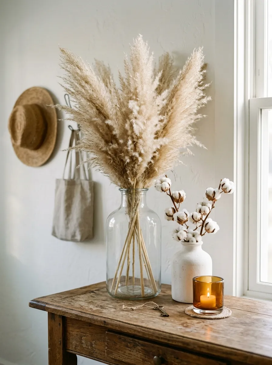 Dried pampas grass and cotton stems in glass vase on farmhouse entryway console with amber candle holder and warm light