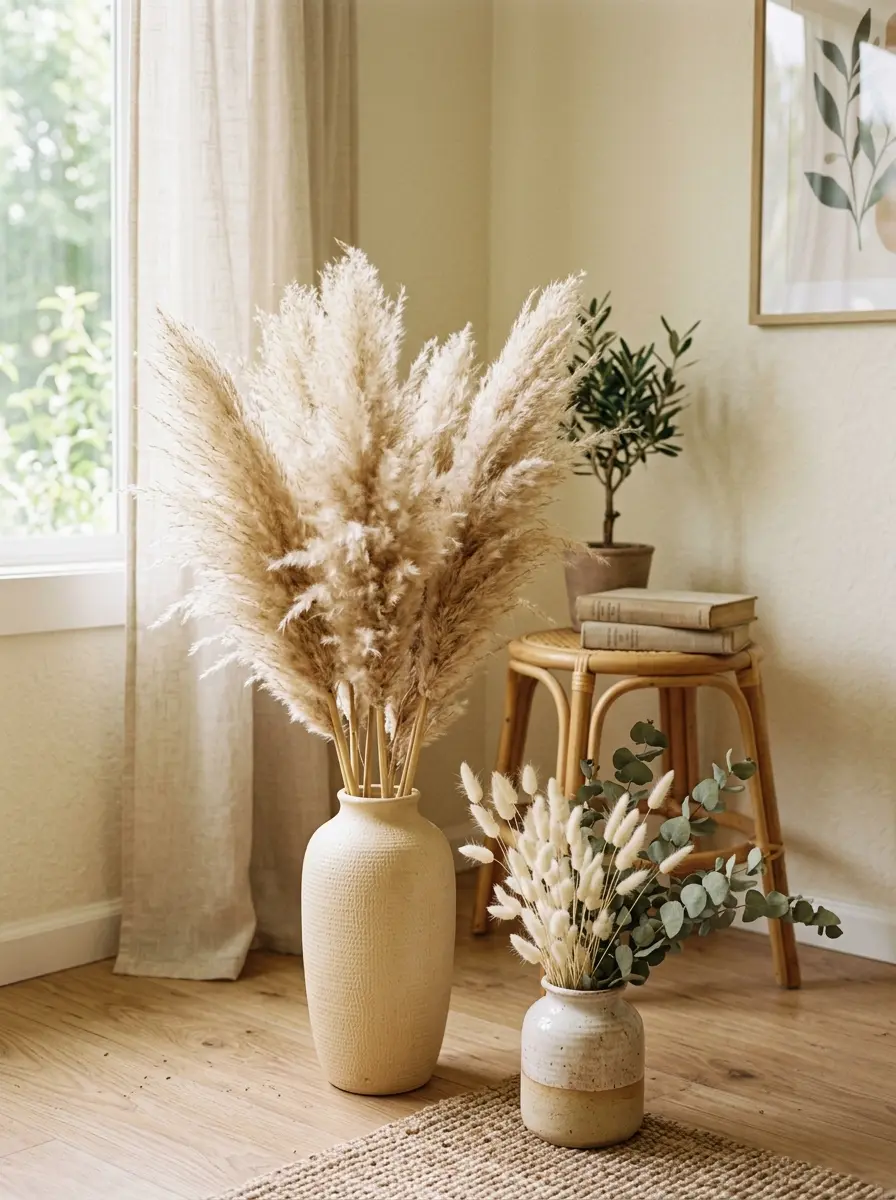 22 Boho Apartment Ideas That Turn Small Spaces Into Soulful, Cozy, and Stylish Sanctuaries 13 A tall cream ceramic vase with dried pampas grass plumes in a small Boho apartment corner with natural light and a rattan stool.