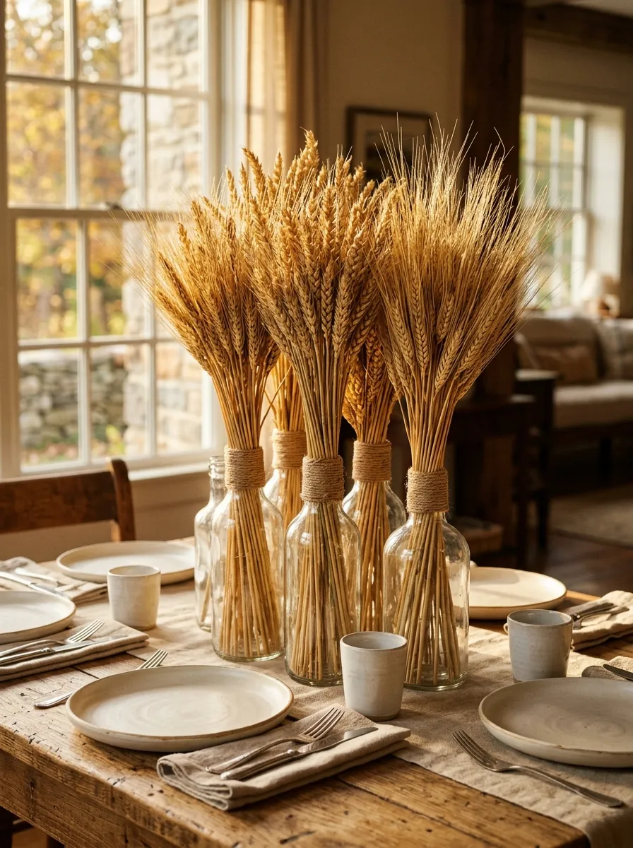 Dried wheat and barley bundles in glass bottles as a rustic harvest natural tablescape idea without flowers