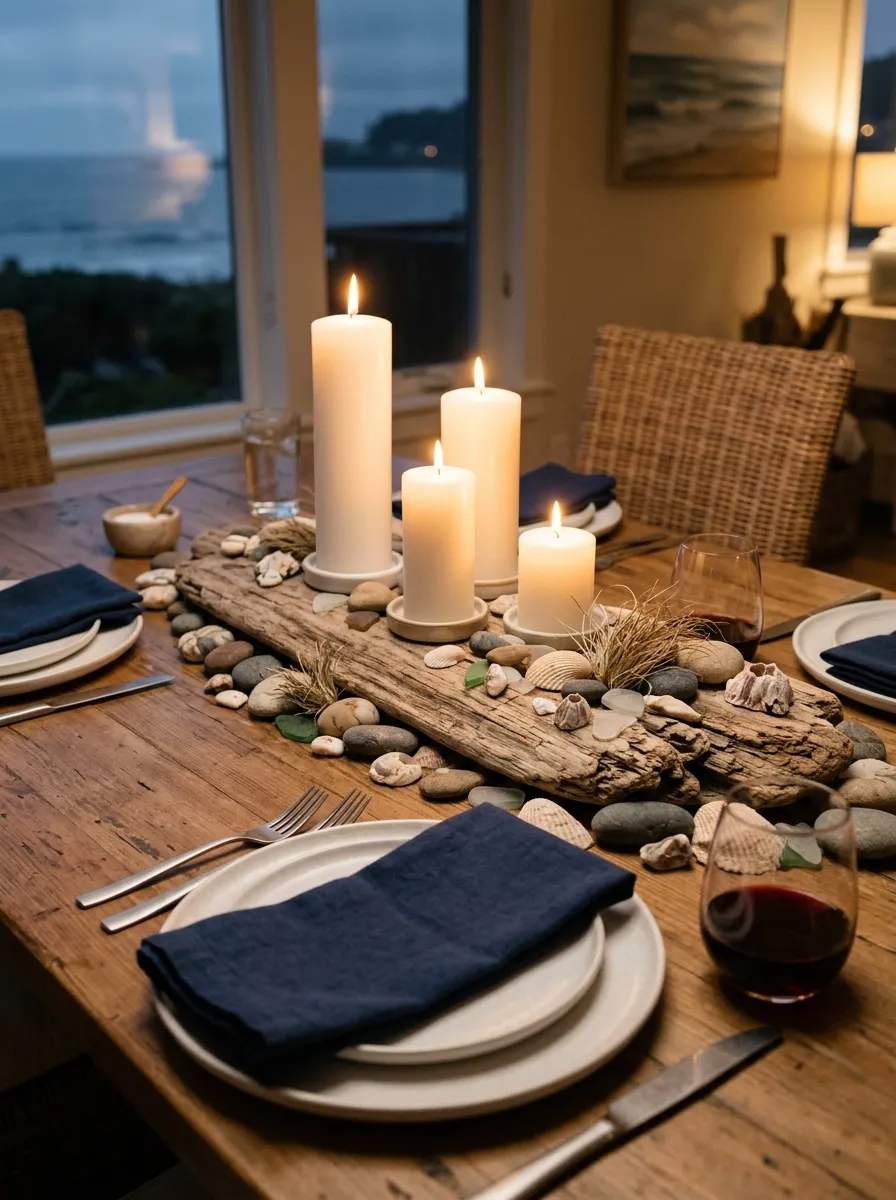 Driftwood centerpiece with pillar candles and river stones for a coastal nature themed table setting